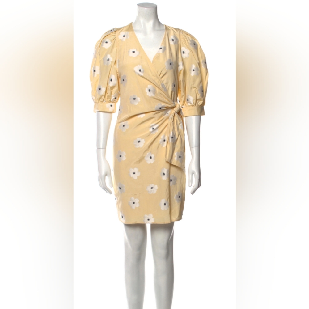 SAMSOE Mini Floral Printed Wrap Dress Yellow Small With Sash Tie V-Neck